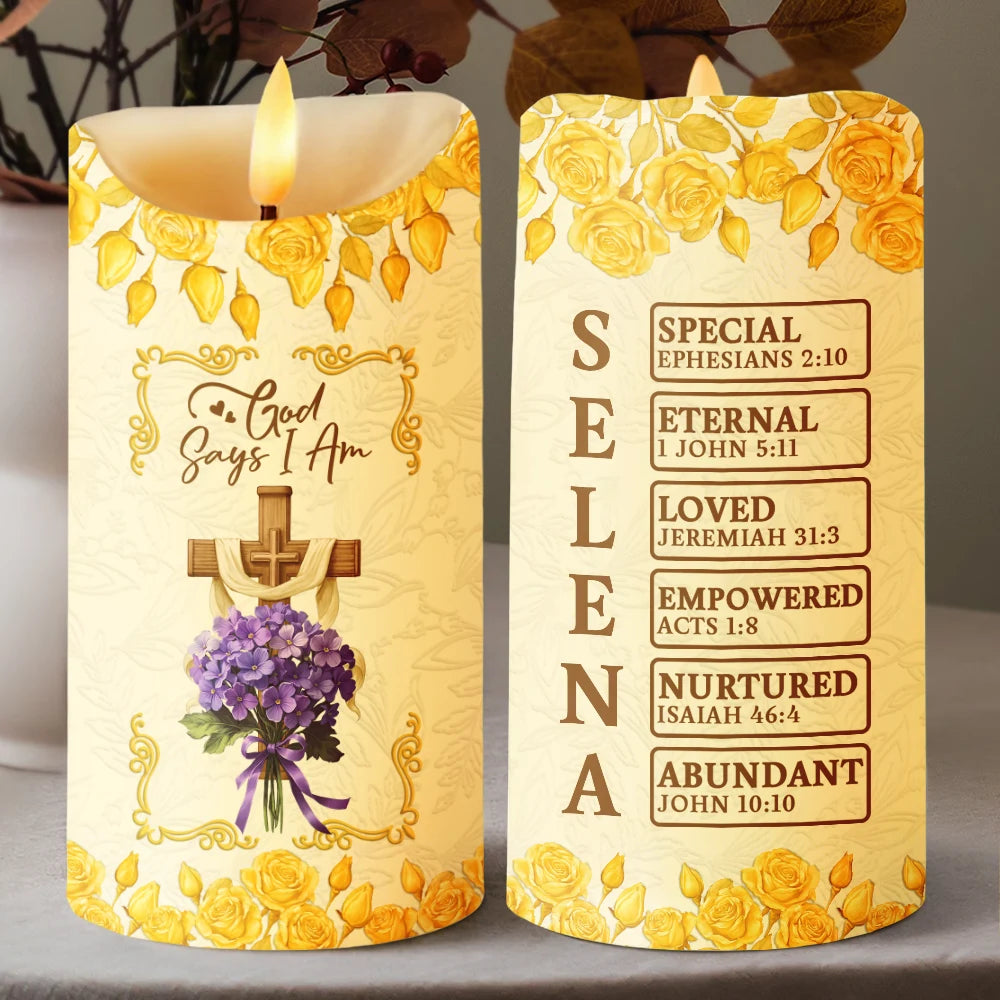 God Says I Am 3D Effect Flower Border - Personalized Flameless LED Candle