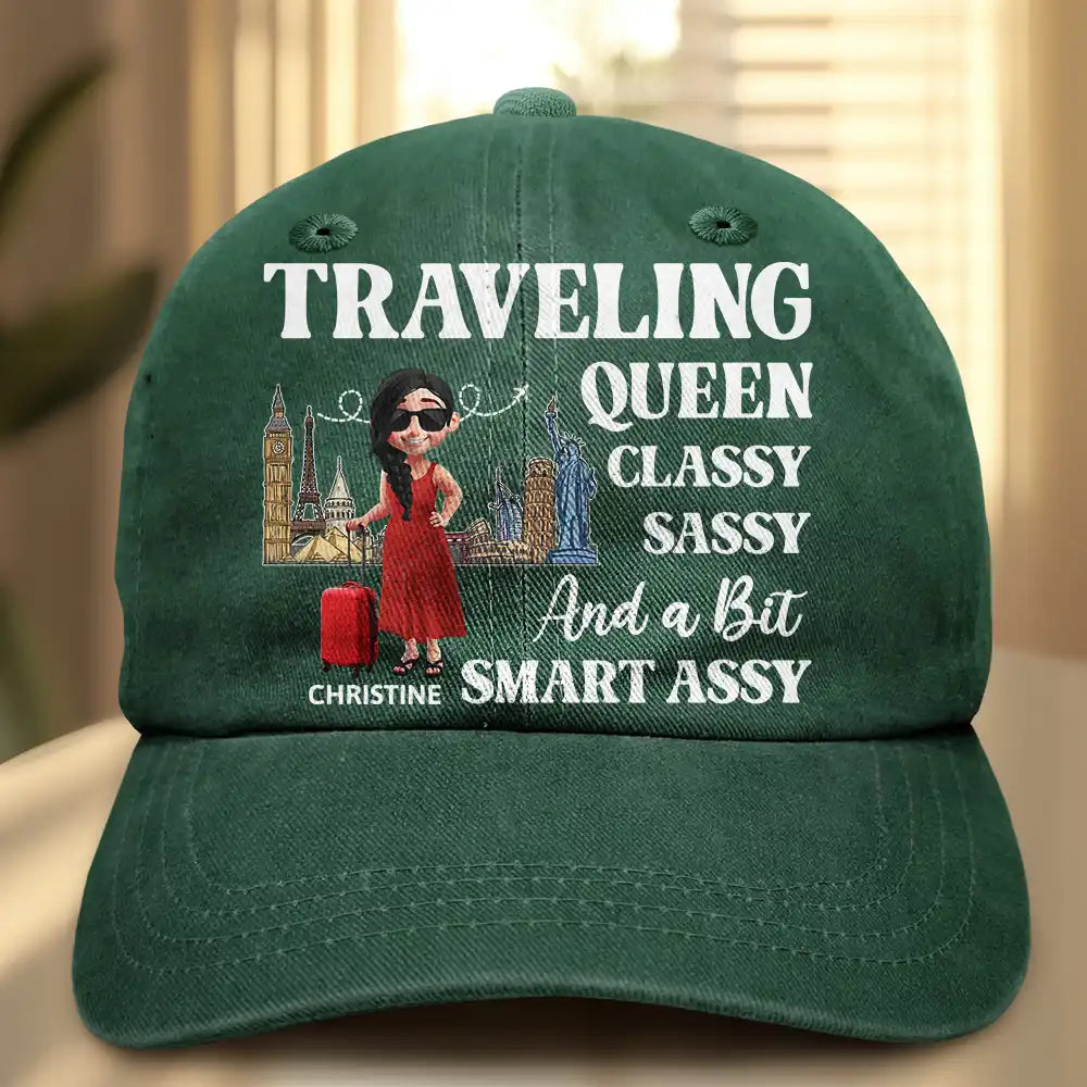 Travel,Gift For Yourself,Funny - Traveling Queen Classy Sassy - Personalized Vintage Washed Denim Cap