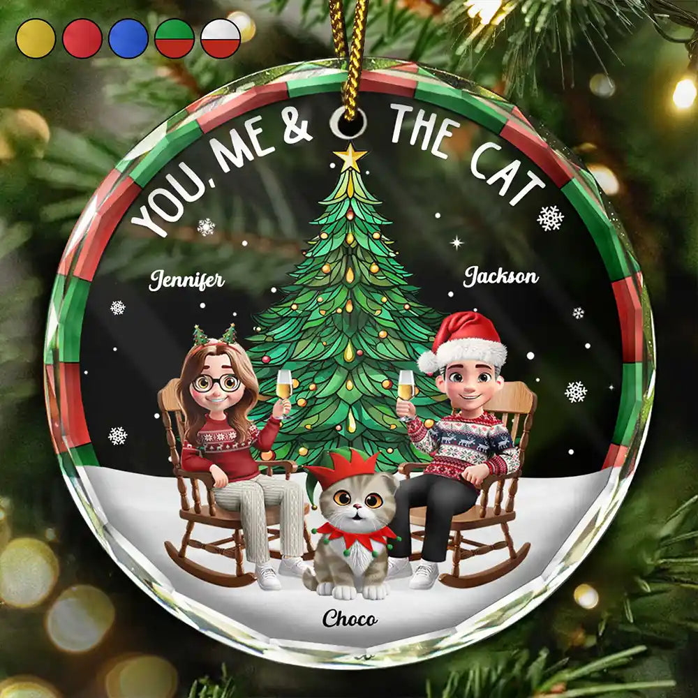 Gift For Couples,Gift For Husband,Gift For Wife,Gift For Boyfriend,Gift For Girlfriend,Cat Lovers,Cat Couple,Pet Lovers,Pet Couple,Love,Christmas - Christmas Tree You Me And The Cat - Personalized Circle Glass Ornament