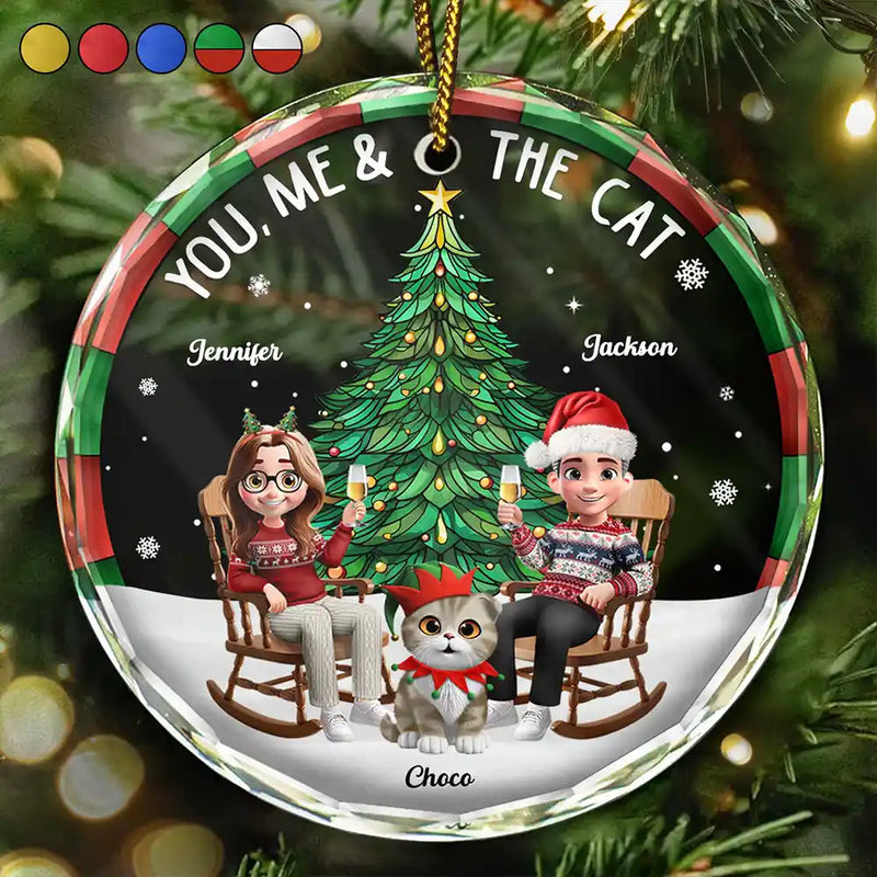 Gift For Couples,Gift For Husband,Gift For Wife,Gift For Boyfriend,Gift For Girlfriend,Cat Lovers,Cat Couple,Pet Lovers,Pet Couple,Love,Christmas - Christmas Tree You Me And The Cat - Personalized Circle Glass Ornament