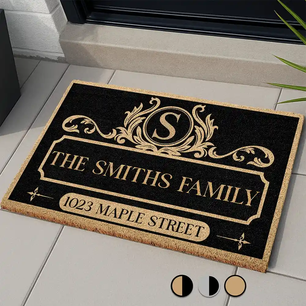 Family,Happy - Family Monogram With Address Vintage Decor - Personalized Coconut Doormat