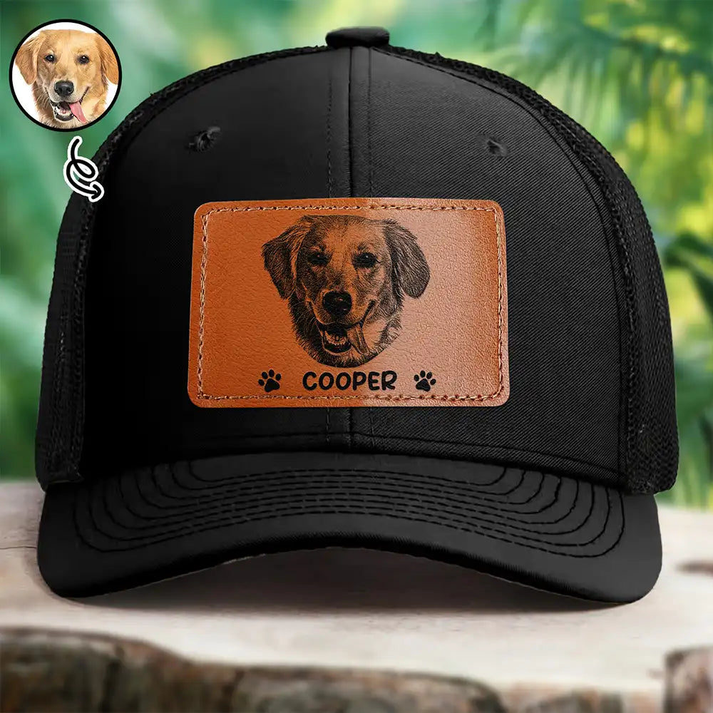 Custom Photo, Pet Lovers, Pet Mom, Pet Dad, Happy - Custom Photo Pencil Sketch Just A Man & His Dog - Personalized Leather Patch Hat
