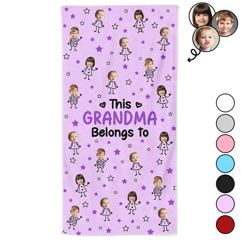Gift For Grandma,Gift For Mother,Love,Stick Figure - Custom Photo This Grandpa Grandma Dad Mom Belongs To Kids Pet - Personalized Beach Towel
