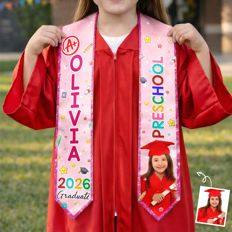 Graduation,Gift For Grandkids,Gift For Kids,Happy - Custom Photo Cute Graduation Kid Kindergarten Preschool - Personalized Kid Graduation Stole