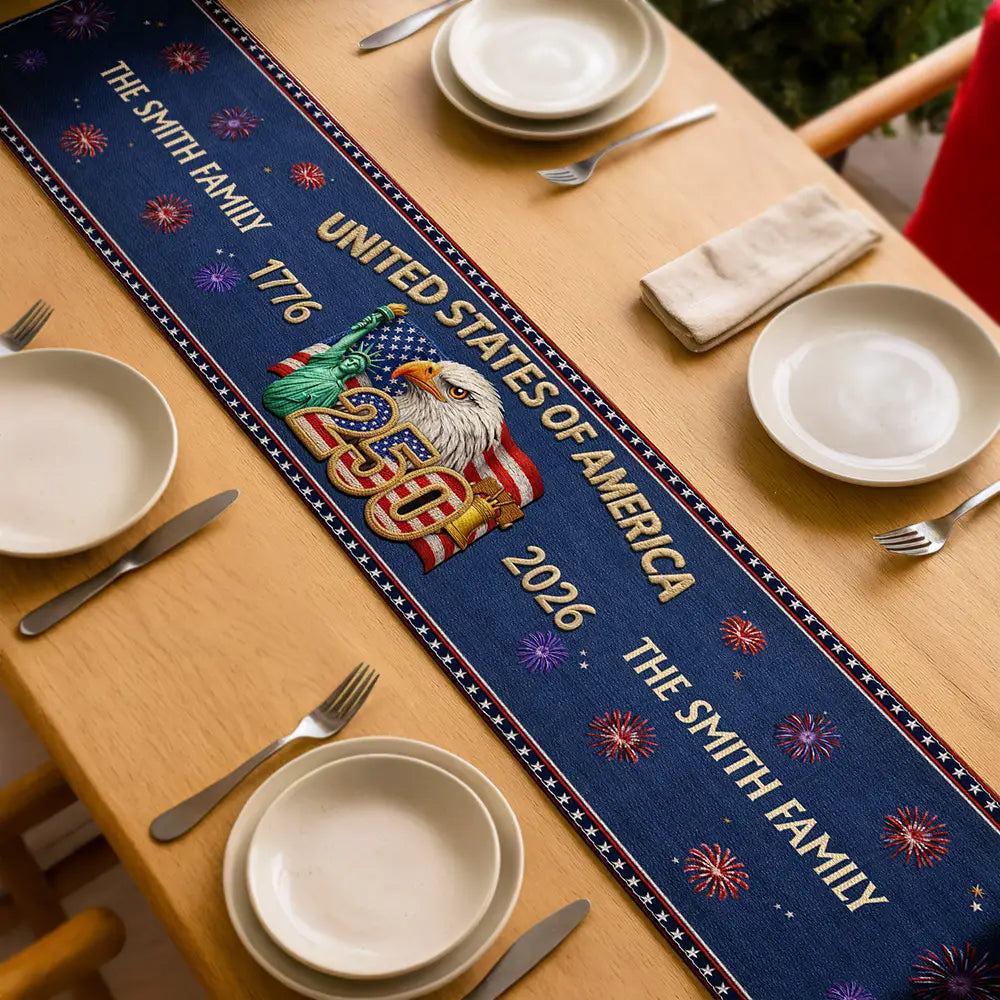 Faux Embroidery Effect America 250th Anniversary Family Name - Personalized Table Runner