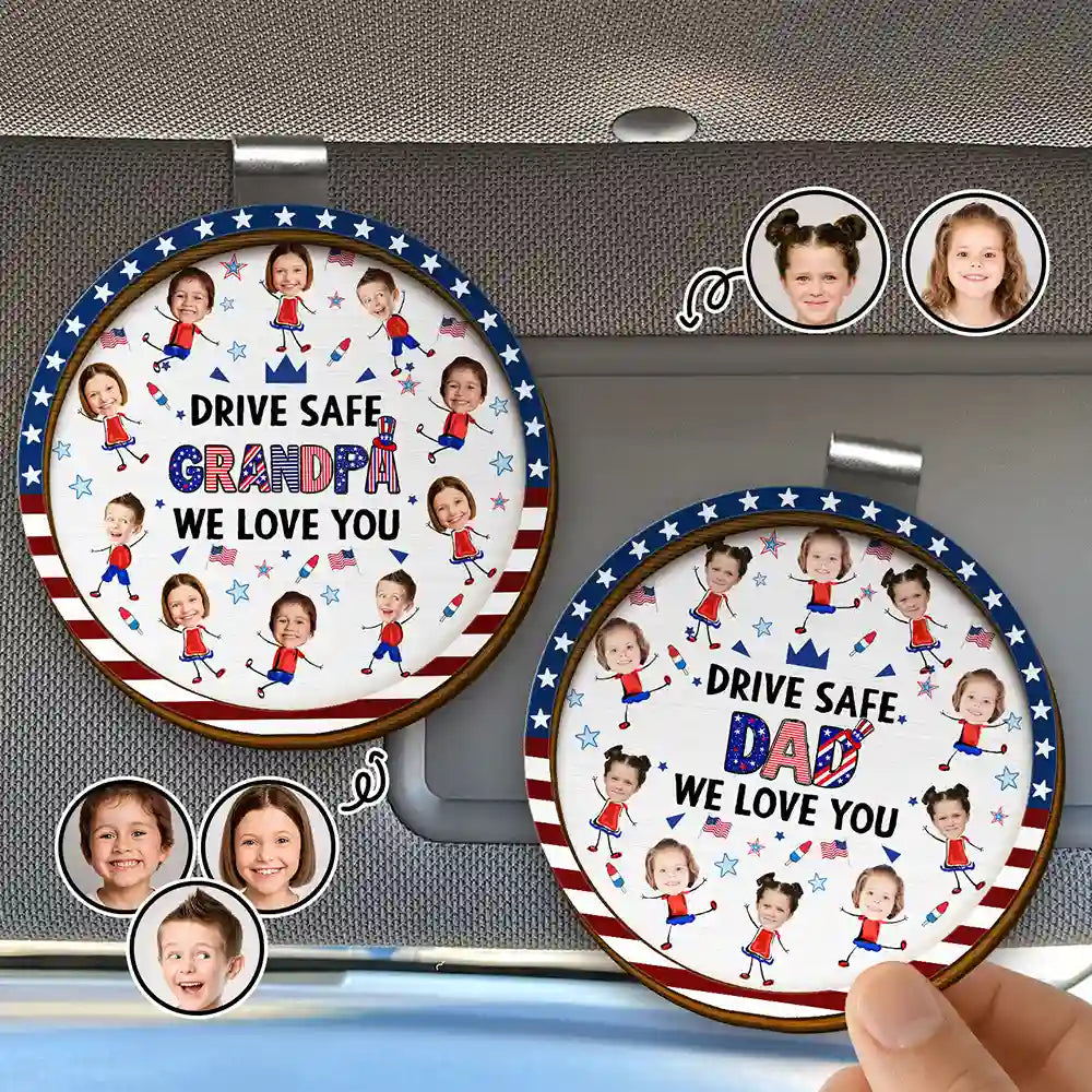 Custom Photo Stars & Stripes Drive Safe Dad Mom Grandpa Grandma - Personalized Custom Shaped Car Visor Clip