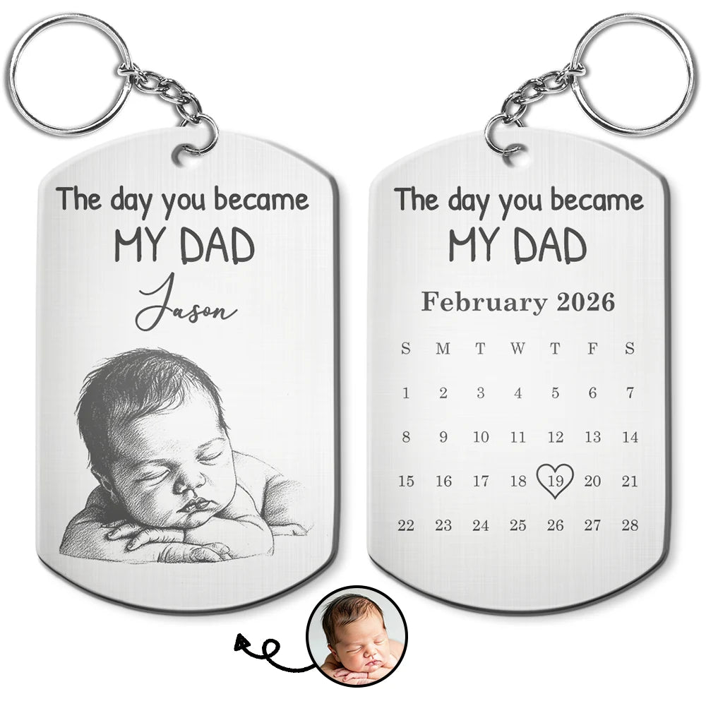 Custom Photo,New Dad,New Mom,New baby,Gift For Father,Gift For Mother,Non-Eng,Photo - Pencil Sketch,Calendar,Adorable - Custom Photo Pencil Sketch Calendar The Day You Became My Mom Dad - Personalized Aluminum Keychain