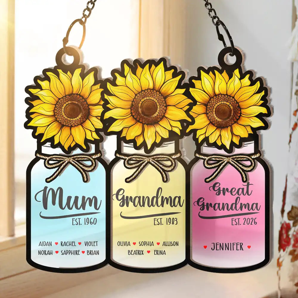 Flower Mason Jar Mom Grandma Great Grandma - Personalized Window Hanging Suncatcher Ornament