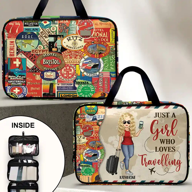 Travel,Gift For Yourself,Happy,Non-Eng,Vector,Confident - Just A Girl Who Loves Travelling - Personalised Toiletry Bag