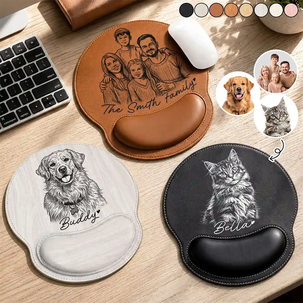 Gift For Couples,Gift For Husband,Gift For Wife,Gift For Women,Gift For Men,Gift For Grandpa,Gift For Bestie,Pet Lovers,Non-Eng,Photo - Pencil Sketch (Bold),Sentimental - Custom Photo Bold Sketch Portrait Family Pet Besties Couples - Personalized Leather Mouse Pad
