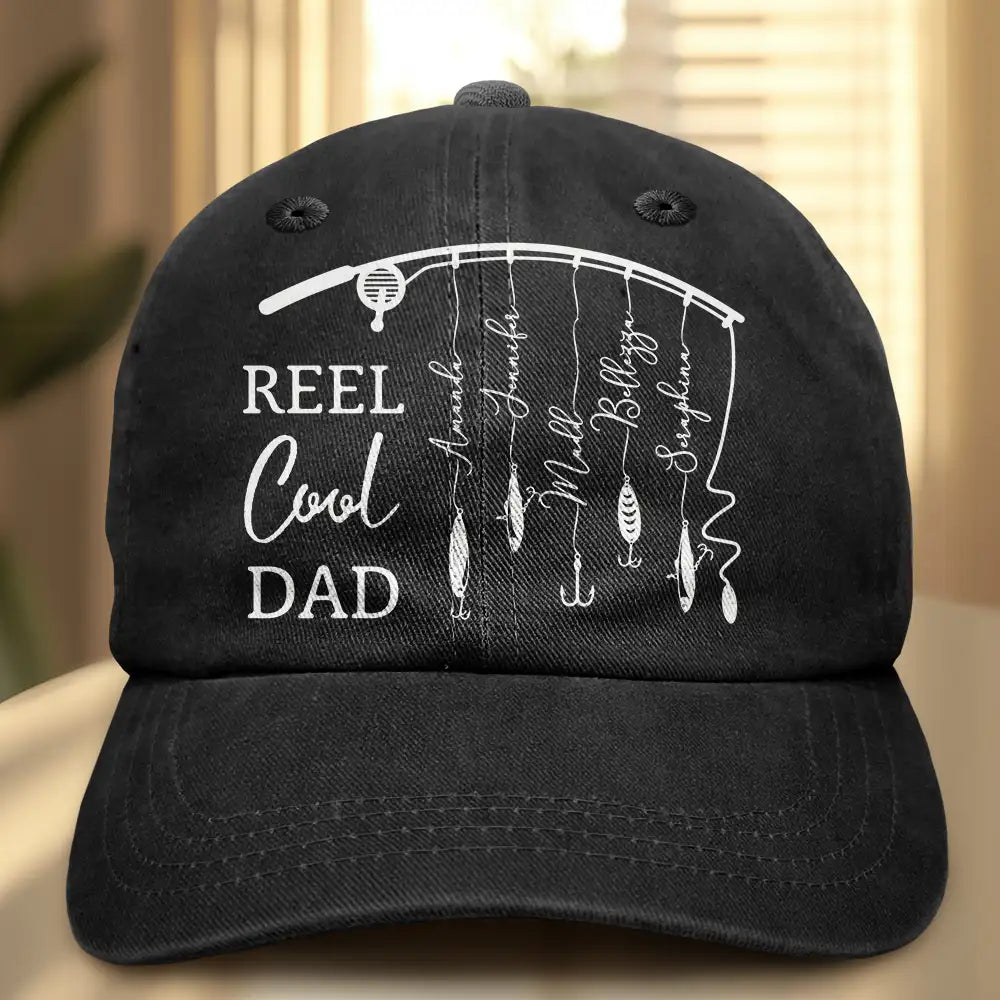 Fishing,Gift For Father,Dad's Hobby,Funny - Reel Cool Dad Grandpa - Personalized Vintage Washed Denim Cap