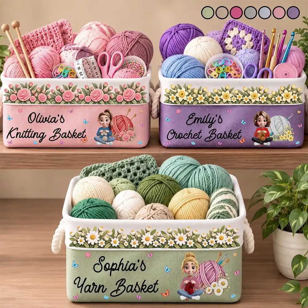 Christmas,Cozy,Crocheting,Gift For Women,Gift For Yourself,Gifts For Her,Icon - Gift For Knitter Crocheter Mom Grandma - Personalized Character & Name Yarn Ball With Birth Flower Storage Basket