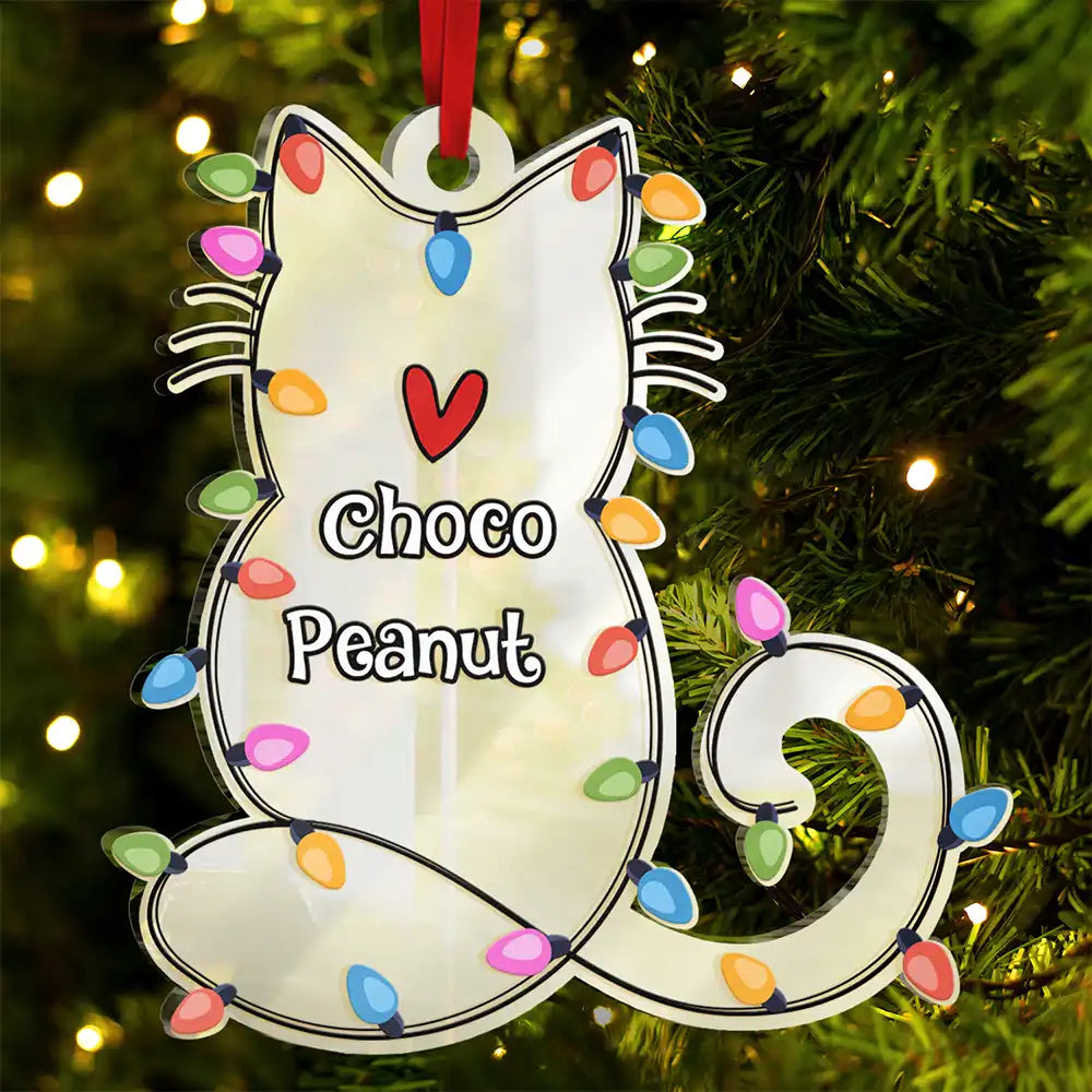 Cat Shape Christmas Light Custom Name - Personalized Custom Shaped Mirror Ornament
