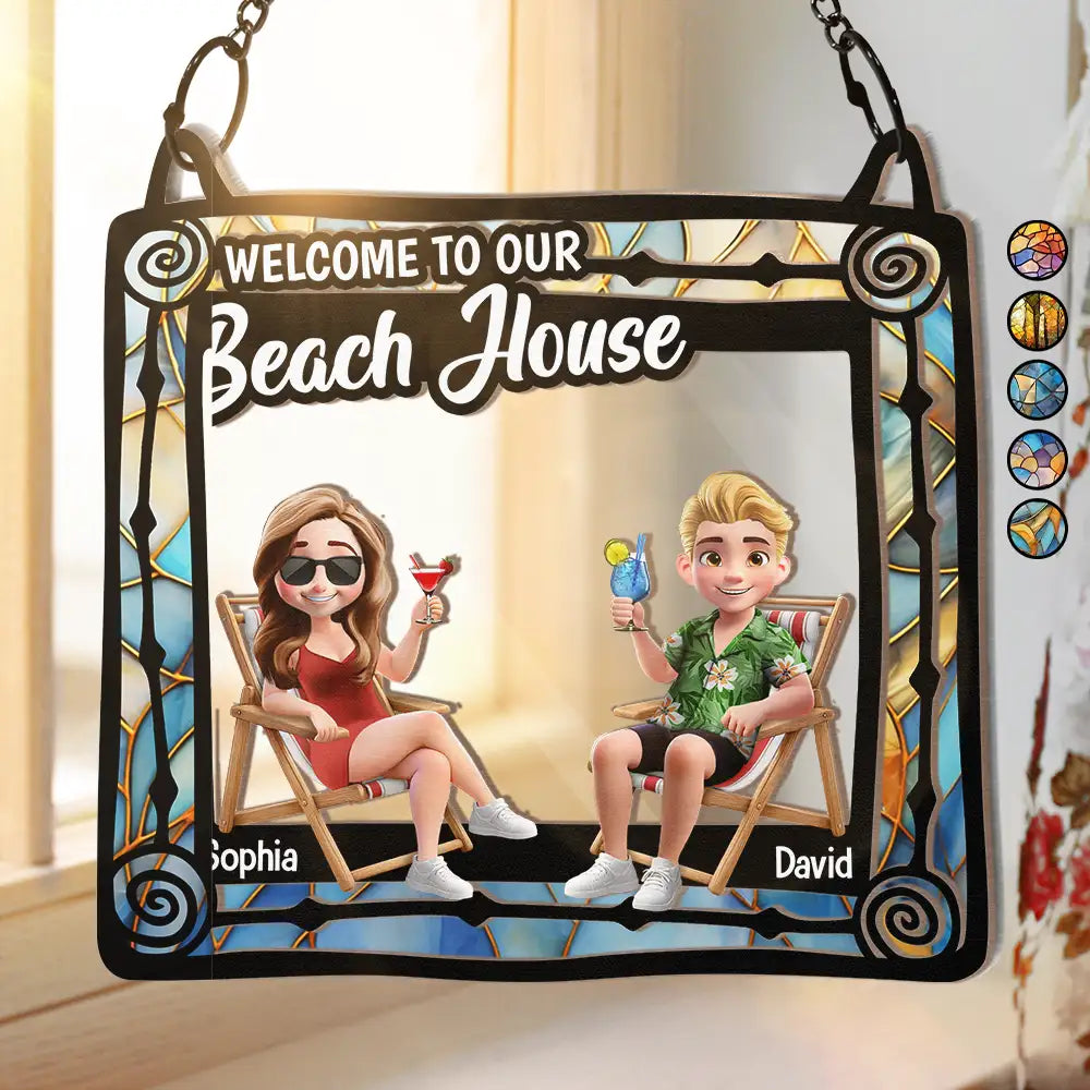 Bienvenue dans notre maison de plage - Ornement attrape-soleil personnalisé à suspendre à la fenêtre