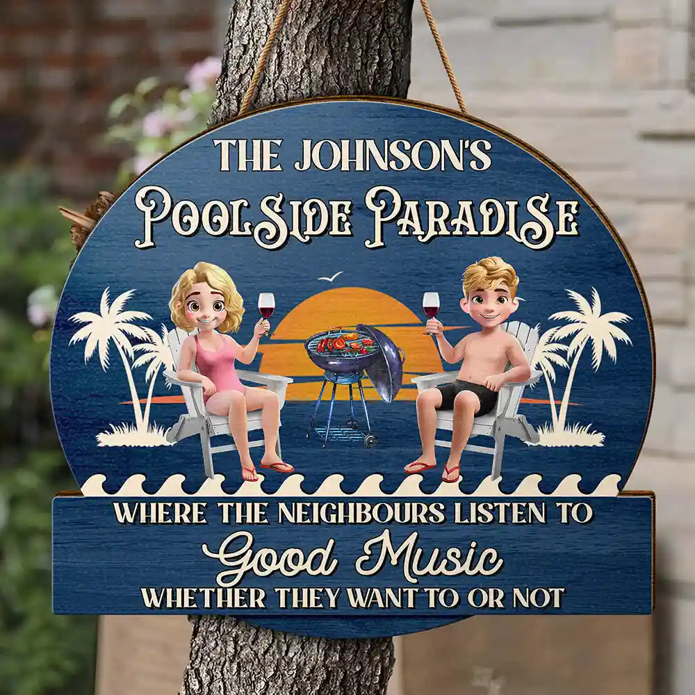 Gift For Couples,Gift For Husband,Gift For Wife,Poolside,Patio,Grilling,Funny,Non-Eng,Vector,Humorous - Couple Poolside Paradise Relax Enjoy 3D Effect - Personalised Custom Shaped Wood Sign