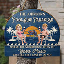 Gift For Couples,Gift For Husband,Gift For Wife,Poolside,Patio,Grilling,Funny,Non-Eng,Vector,Humorous - Couple Poolside Paradise Relax Enjoy 3D Effect - Personalised Custom Shaped Wood Sign