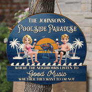 Gift For Couples,Gift For Husband,Gift For Wife,Poolside,Patio,Grilling,Funny,Non-Eng,Vector,Humorous - Couple Poolside Paradise Relax Enjoy 3D Effect - Personalised Custom Shaped Wood Sign