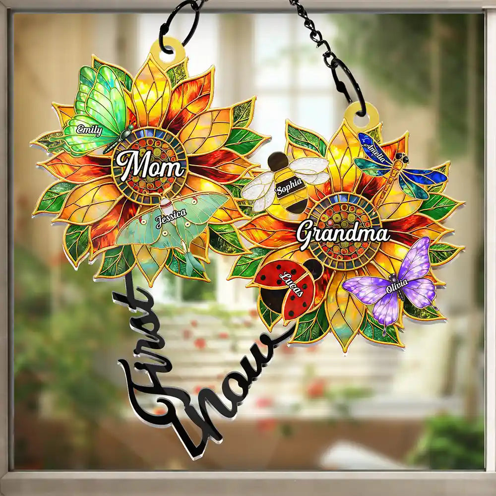 First Mom Now Grandma Sunflower Stained Glass Effect - Personalized Window Hanging Suncatcher Ornament