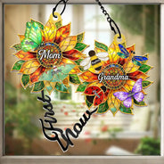 Gift For Grandma,Grandma - Grandkids,Grandma's Hobby,Gardening,Happy - First Mom Now Grandma Sunflower Stained Glass Effect - Personalized Window Hanging Suncatcher Ornament