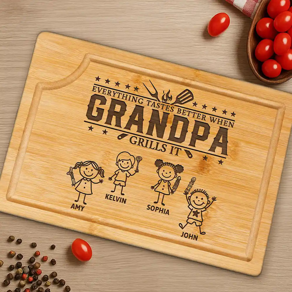 Gift For Father,Gift For Grandpa,Grilling,Top Market,Icon - Everything Tastes Better When Grandpa Daddy Grills It - Personalized Wooden Cutting Board