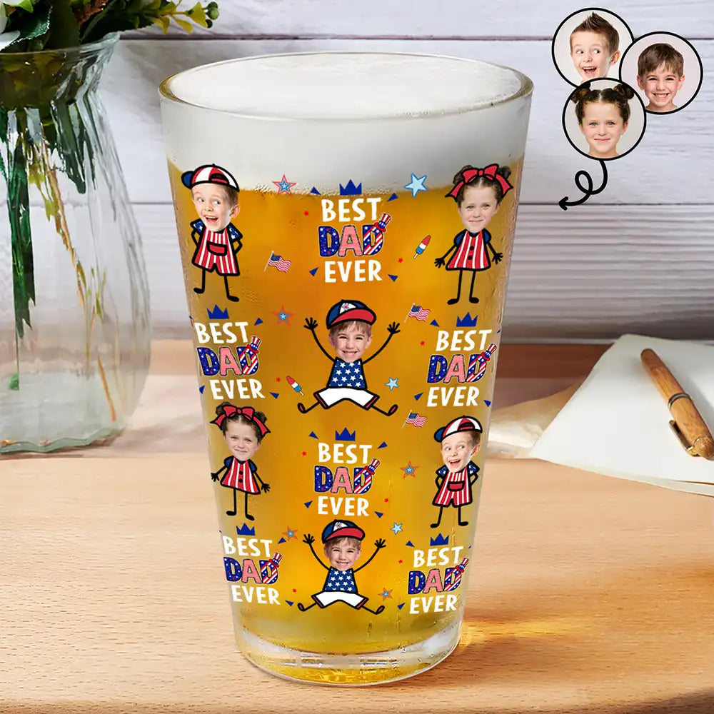 Custom Photo Stars & Stripes Best Dad Grandpa Ever - Personalized Beer Glass