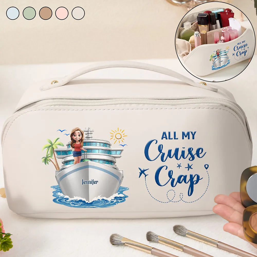 Gift For Yourself,Gift For Women,Summer,Humorous,Vector - All My Cruise Crap - Personalized Leather Makeup Bag