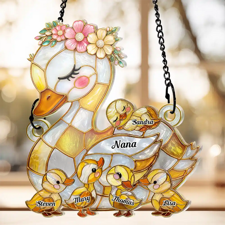 Duck Mother Ducklings Stained Glass Effect Mom Grandma - Personalized Window Hanging Suncatcher Ornament