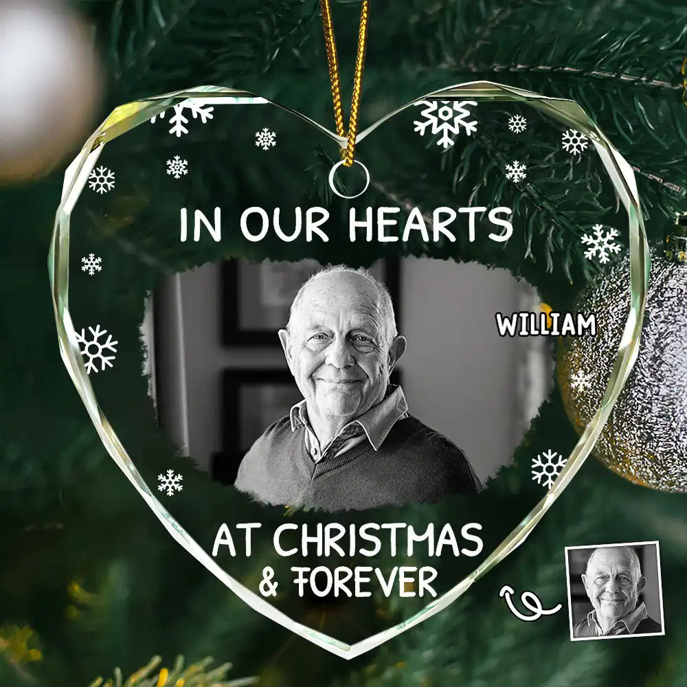 Custom Photo In Our Hearts At Christmas & Forever - Personalized Heart Shaped Glass Ornament