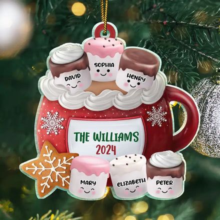 Décoration en acrylique découpée personnalisée « Famille de guimauves au chocolat chaud » 