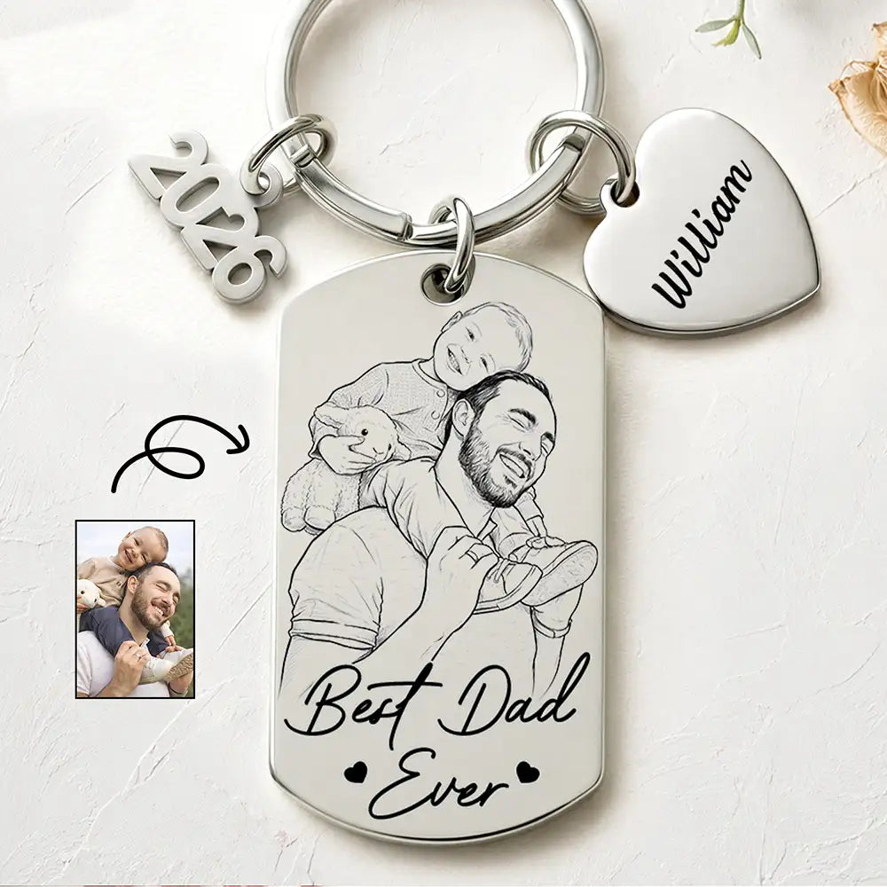 Dad - Children,Grandpa - Grandkids,Gift For Father,Gift For Grandpa,Non-Eng,Photo - Pencil Sketch (Bold),Sentimental - Custom Photo Bold Sketch Best Dad Grandpa Ever We Love You - Personalized Stainless Steel Keychain