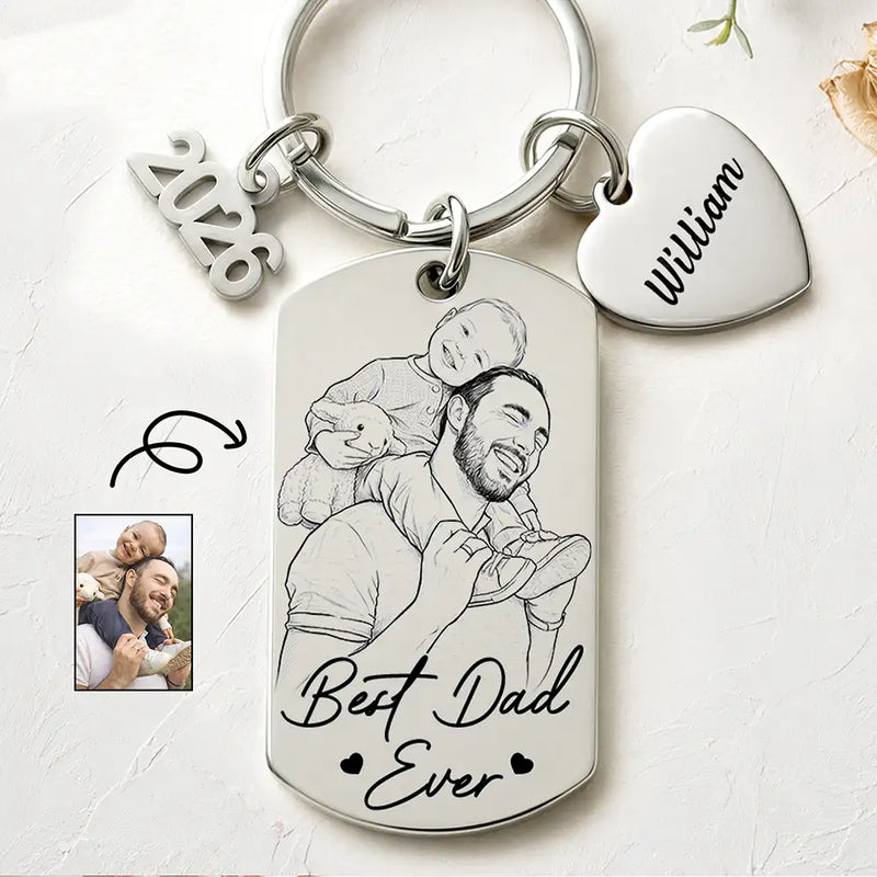 Dad - Children,Grandpa - Grandkids,Gift For Father,Gift For Grandpa,Non-Eng,Photo - Pencil Sketch (Bold),Sentimental - Custom Photo Bold Sketch Best Dad Grandpa Ever We Love You - Personalized Stainless Steel Keychain