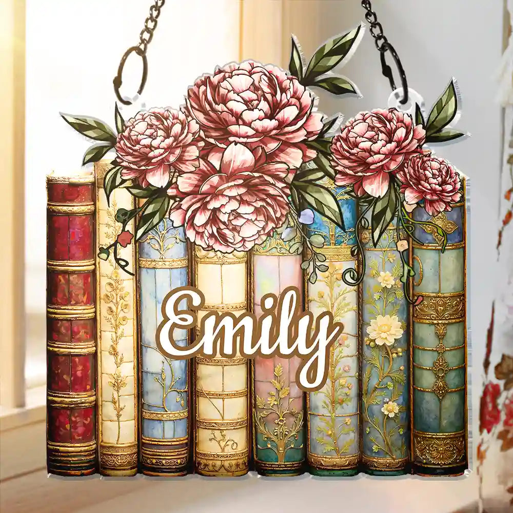 Gift For Women,Love - Birth Flower Reading Book Stack Stained Glass Effect - Personalized Window Hanging Suncatcher Ornament