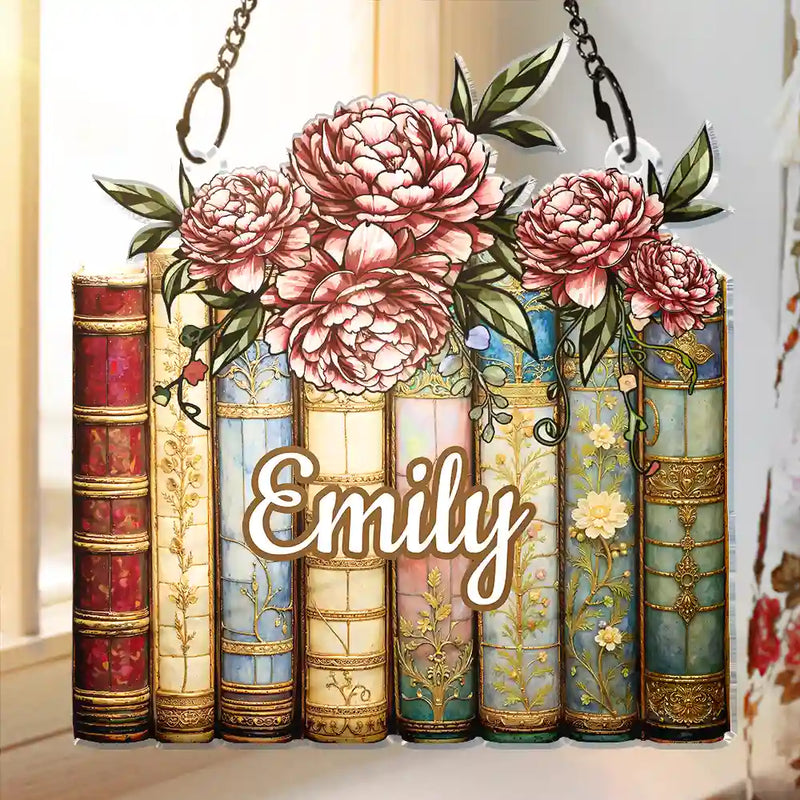 Gift For Women,Love - Birth Flower Reading Book Stack Stained Glass Effect - Personalized Window Hanging Suncatcher Ornament