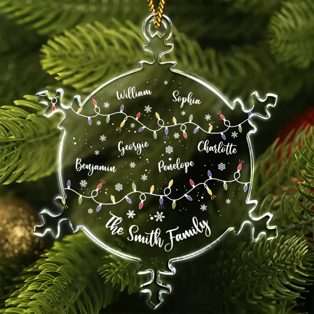 Christmas Family Together With Names And Led Lights - Personalized Snowflakes Shaped Glass Ornament