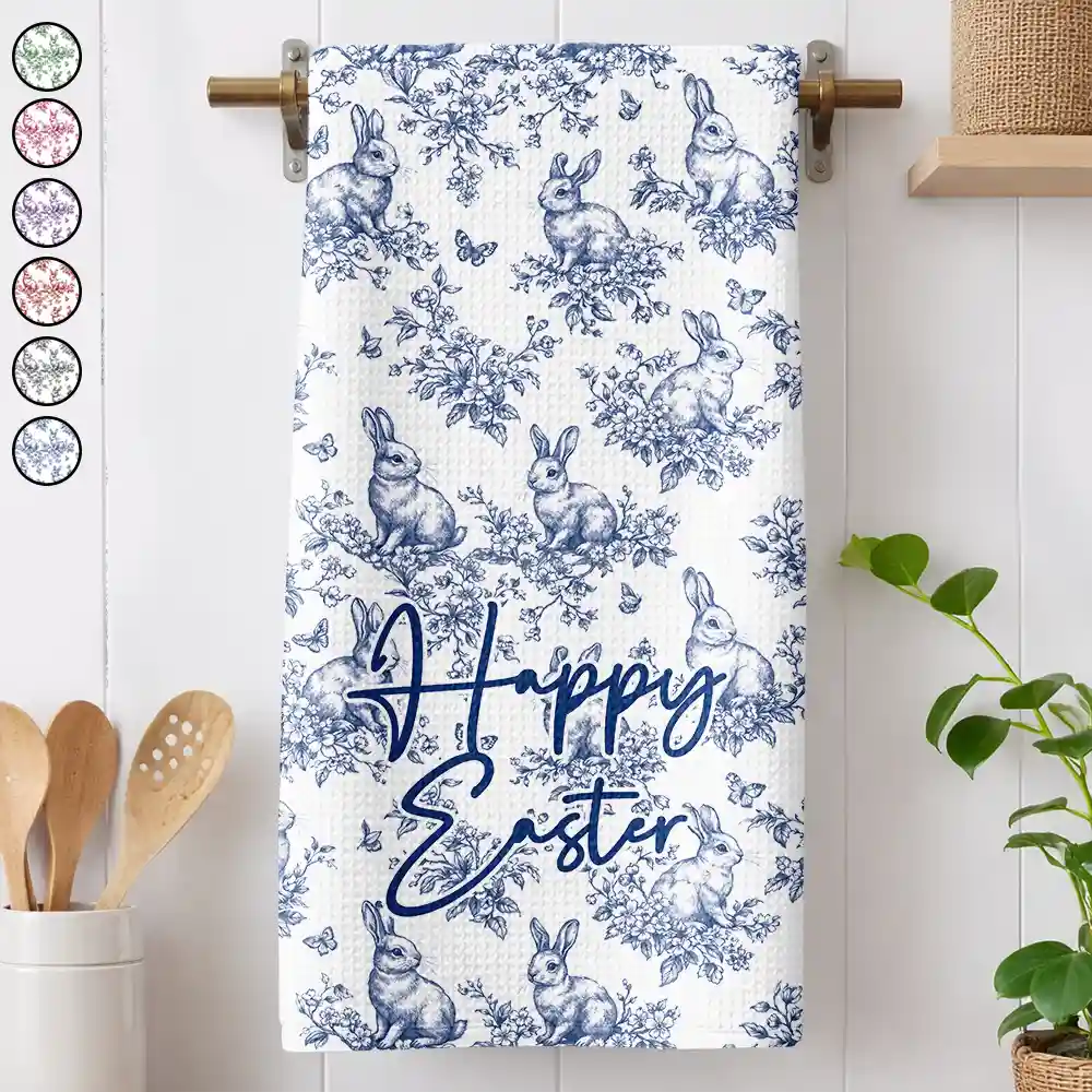 Happy Easter Toile Rabbit - Personalized Kitchen Towel