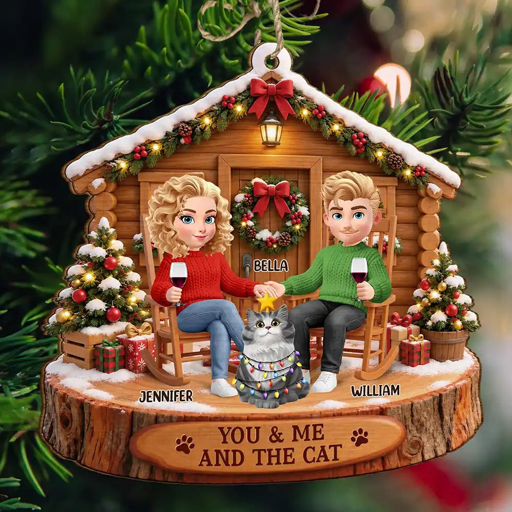 Christmas, Gift For Couples, Pet Couple, Pet Lovers, Romantic, Vector - Christmas Gift For Pet Couples - Personalized You & Me And The Cat Wooden Ornament
