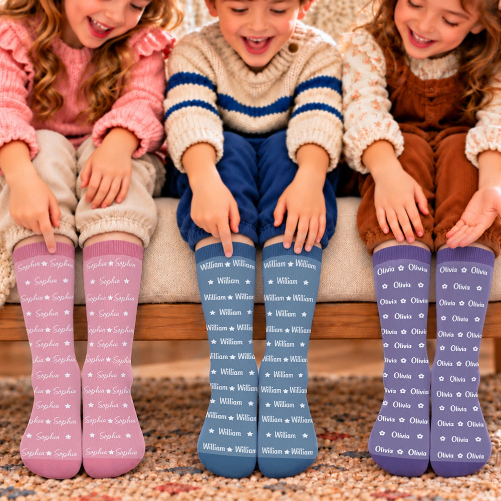 Christmas, Custom Text, Gift For Kids, Playful - Gift For Kids - Personalized Name Heart Star Pattern Socks