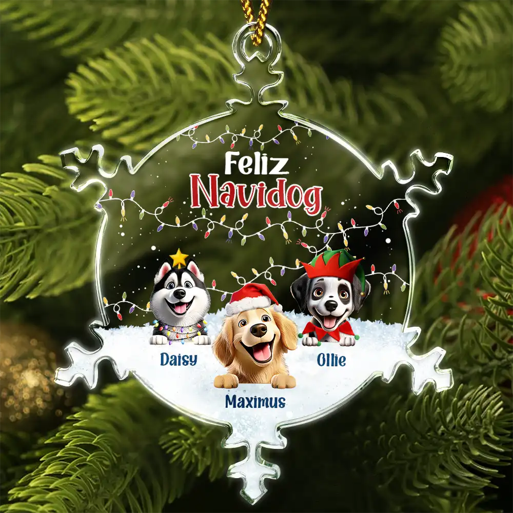 Feliz Navidog - Personalized Snowflakes Shaped Glass Ornament