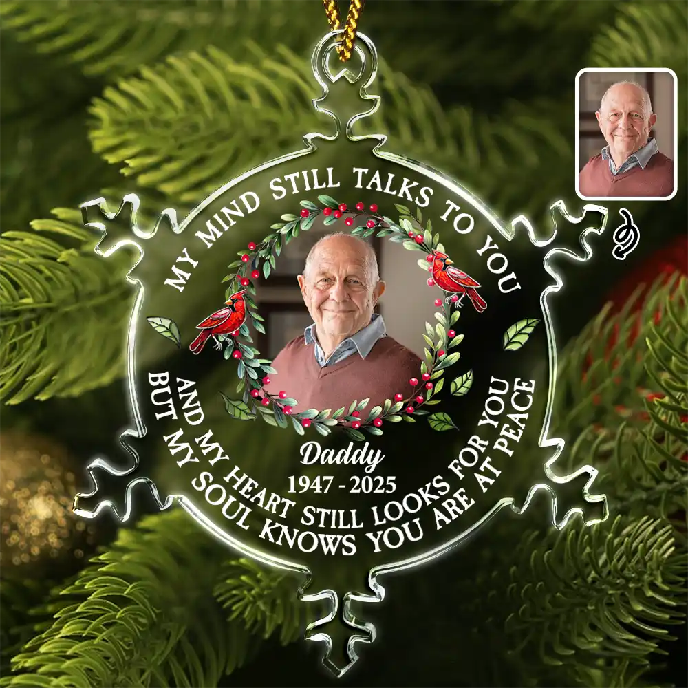 Custom Photo My Mind Still Talks To You Memorial - Personalized Snowflakes Shaped Glass Ornament
