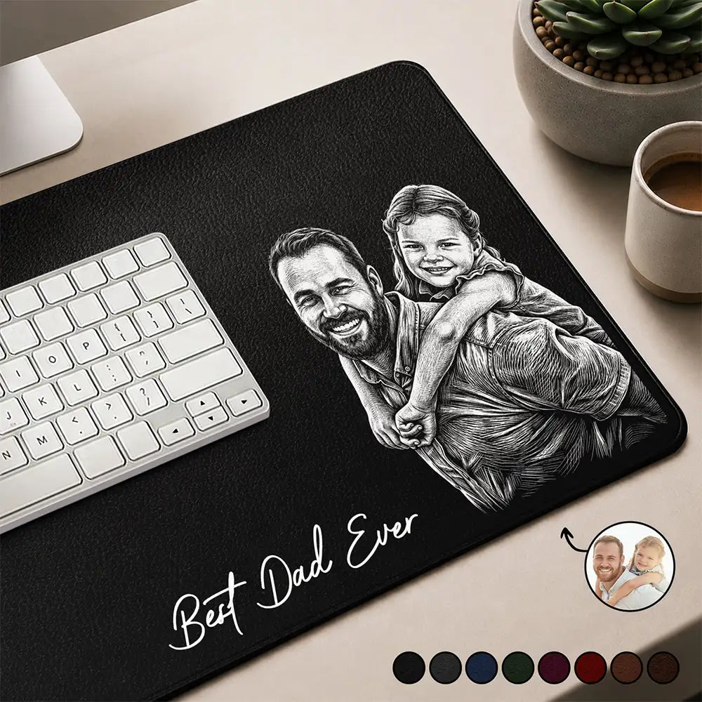 Custom Photo White Pencil Sketch Art Best Dad Papa Ever We Love You - Personalized Leather Desk Mat