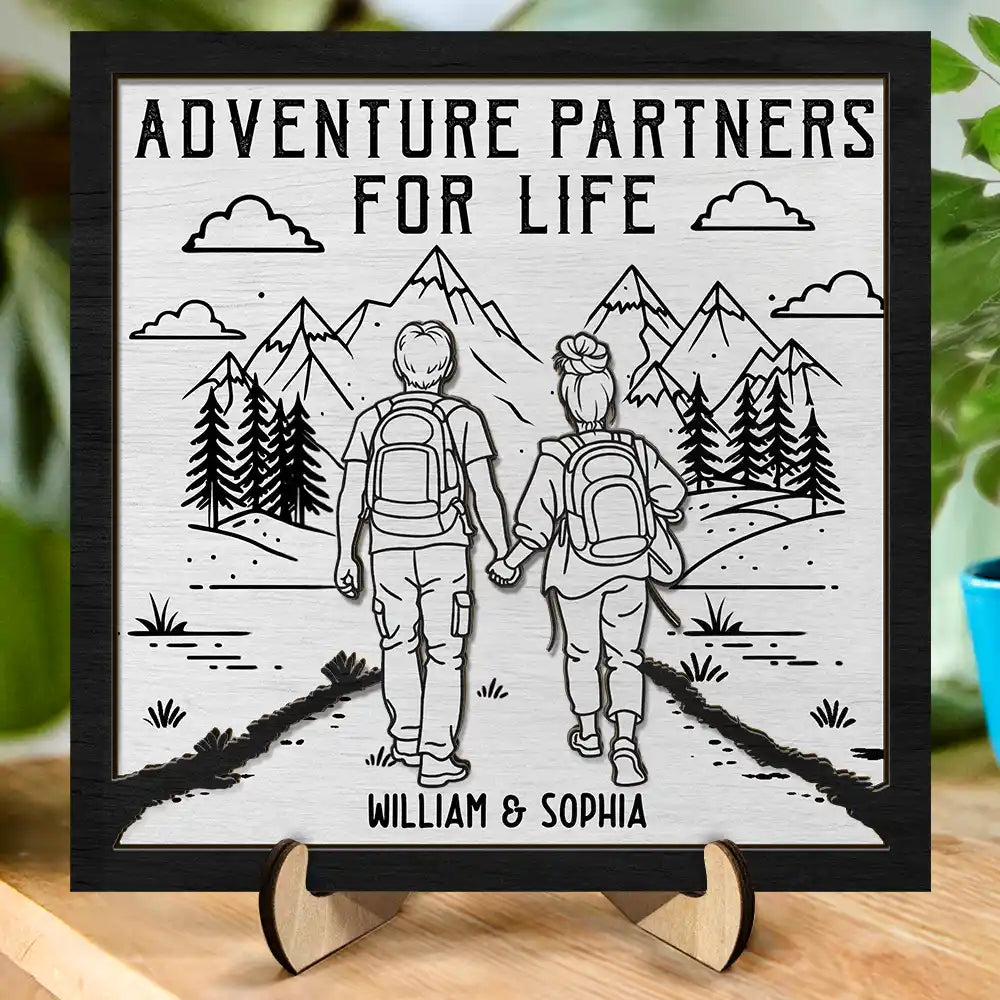 Adventure Partners For Life - Personalized 2-Layered Wooden Plaque With Stand
