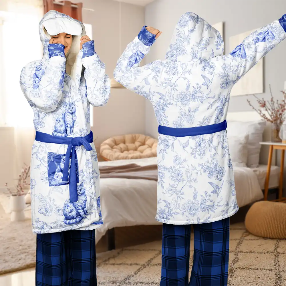 Cat Mom,Cat Lovers,Happy - Cat Mom Toile De Jouy Cats - Personalized Hooded Robe