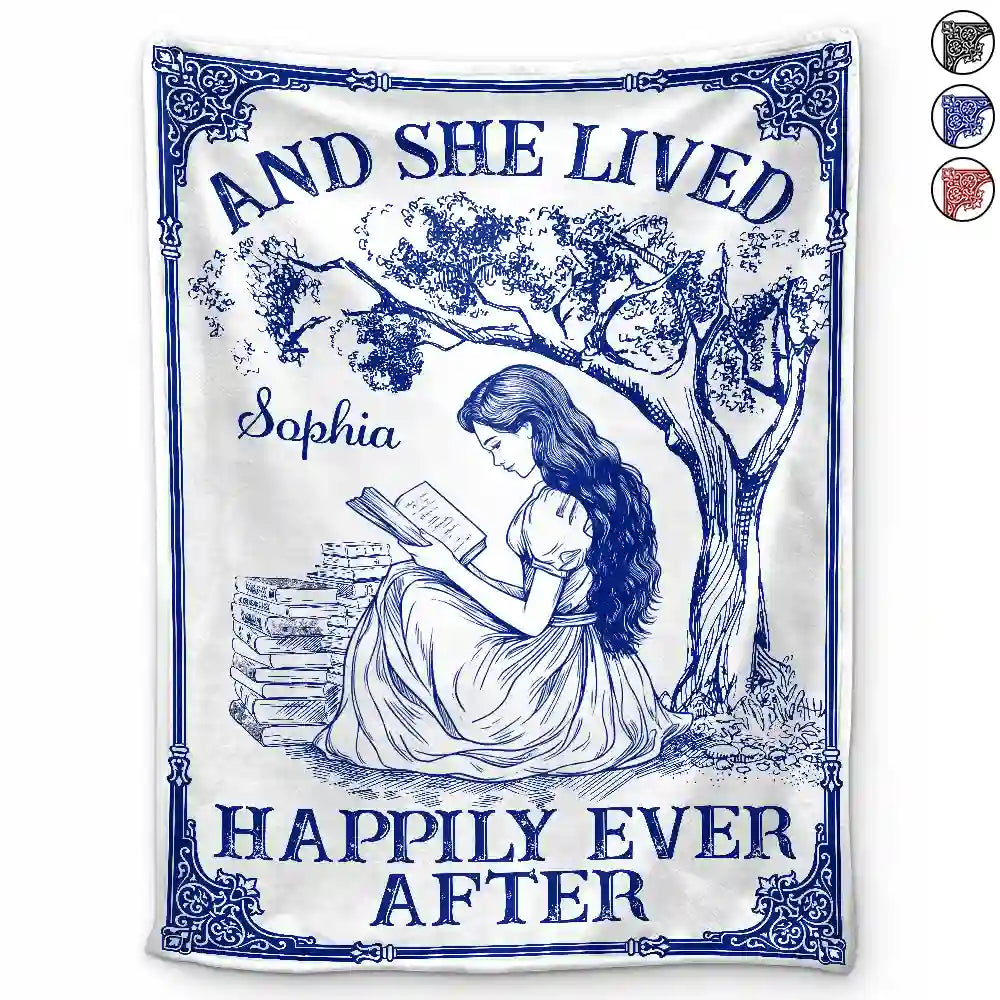 Reading,Gift For Yourself - And She Lived Happily Ever After Reading Chinoiserie Toile - Personalized Fleece Blanket, Sherpa Blanket