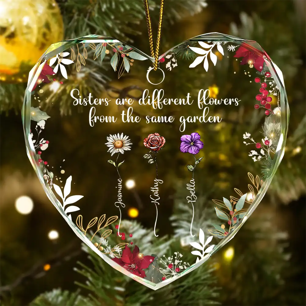 Gift For Sisters,Grandma - Grandkids,Gift For Grandma,Family,Christmas - Family Are Different Flowers From The Same Garden - Personalized Heart Shaped Glass Ornament