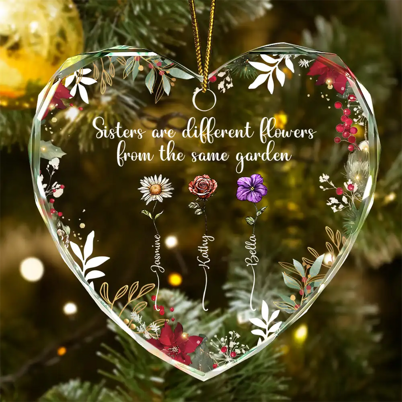 Gift For Sisters,Grandma - Grandkids,Gift For Grandma,Family,Christmas - Family Are Different Flowers From The Same Garden - Personalized Heart Shaped Glass Ornament