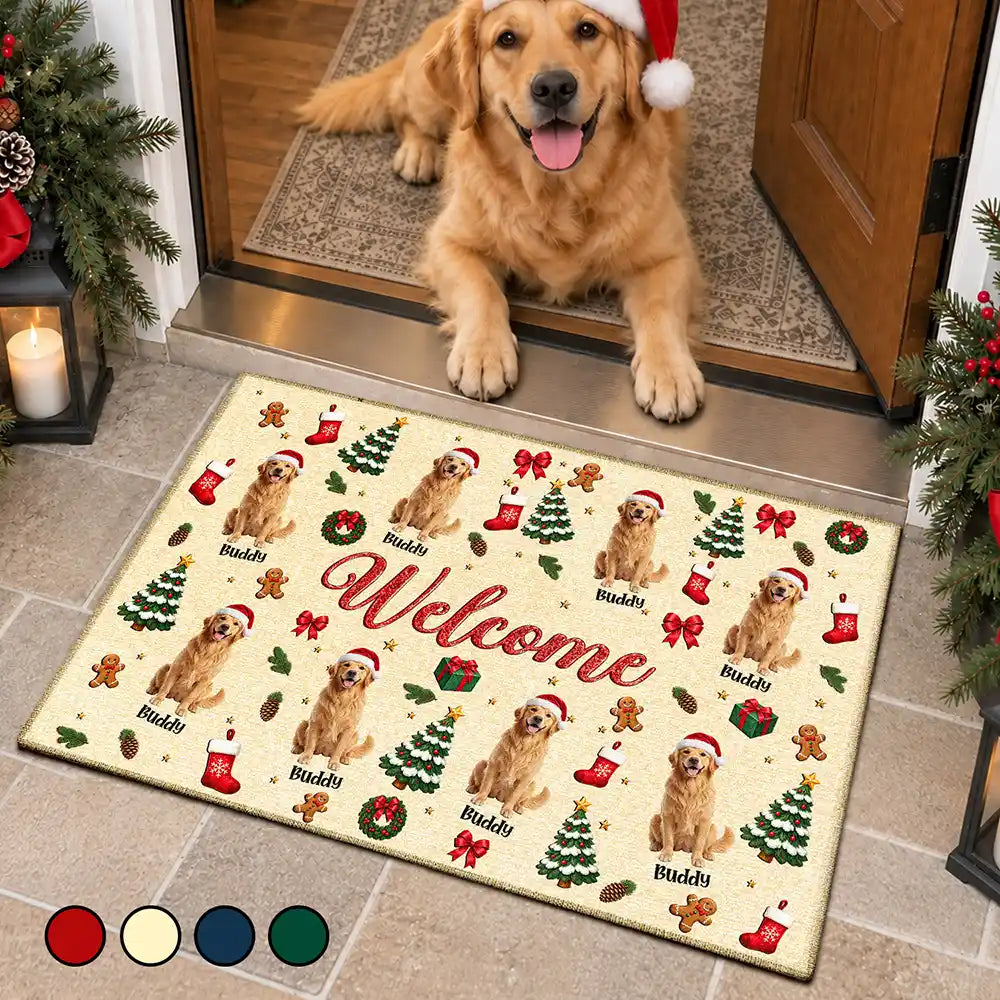 Art Design,Christmas,Custom Photo,Gift For Mother,Gifts For Her,Happy,Pet Lovers,Pet Mom,Photo - Christmas Accessories 3D Cartoon Pet - Christmas Decor Gift For Pet Lovers - Personalized Custom Photo Merry Woofmas Doormat