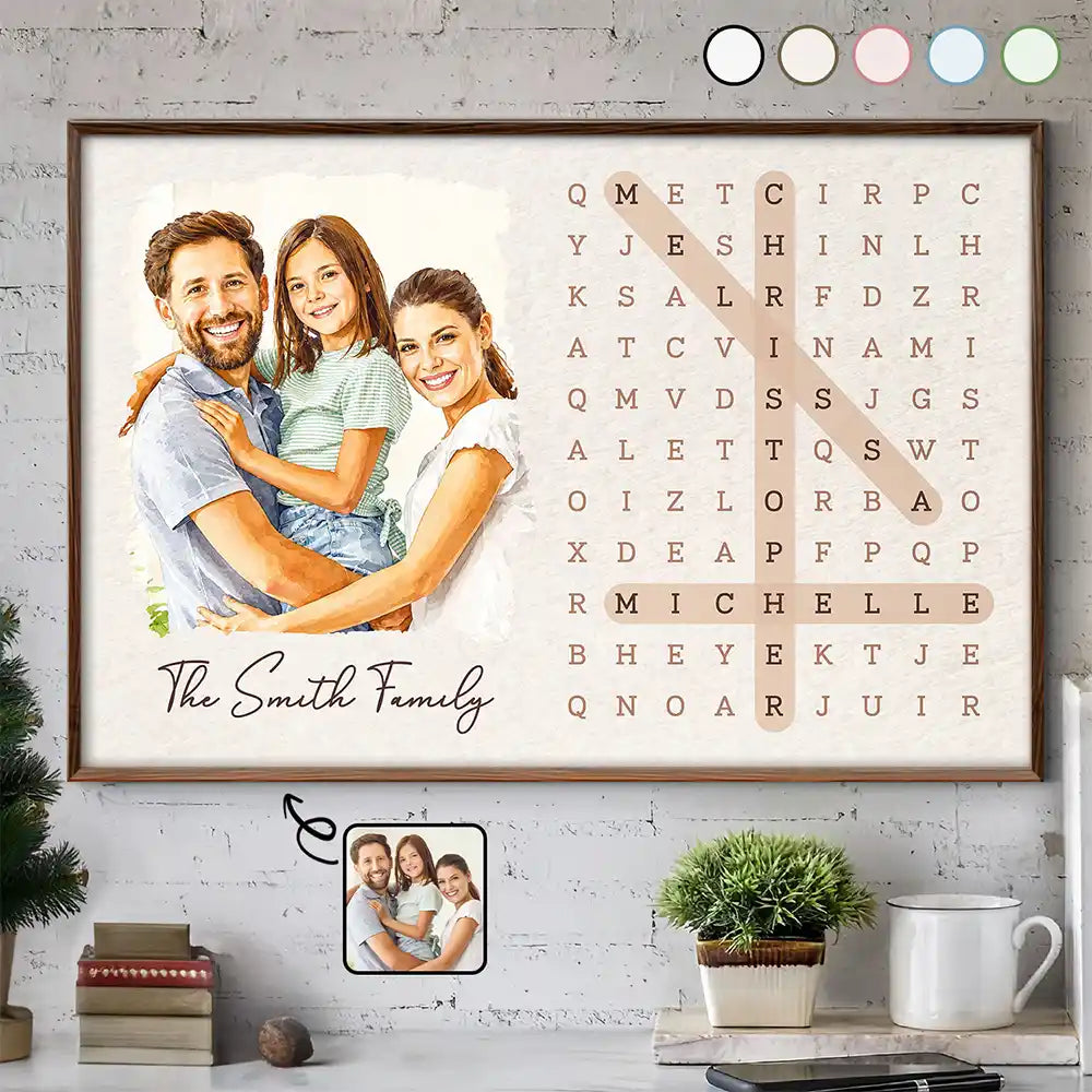 Custom Photo Watercolor Painting Word Search Puzzle Family - Personalized Poster