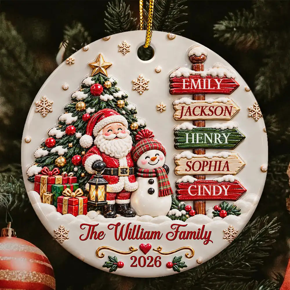 Christmas Gift For Family - Personalized Family Name Santa And Snowman 3D Embossed Circle Ceramic Ornament