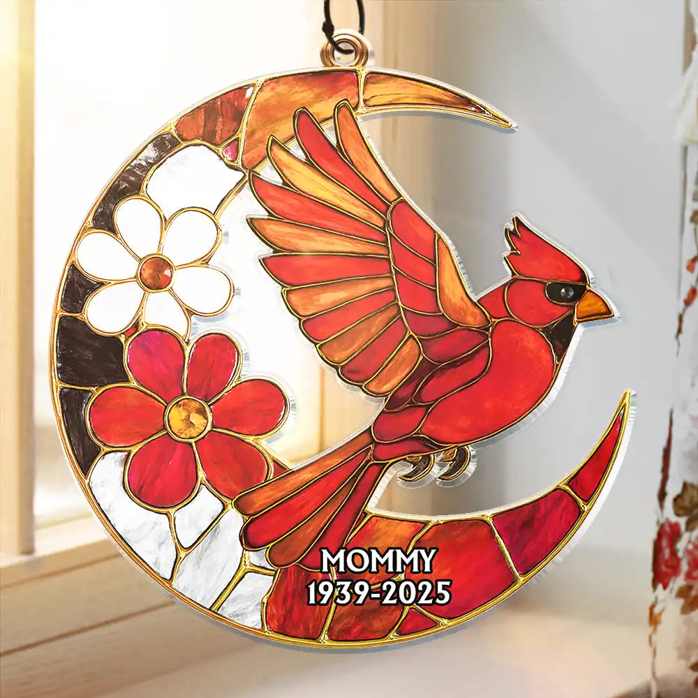 Family, Memorial, Sad - Memorial Cardinal Bird Garden Pollinator Stained Glass Effect Moon - Personalized Window Hanging Suncatcher Ornament