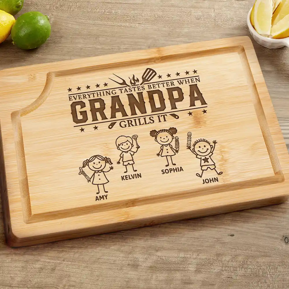 Gift For Father,Gift For Grandpa,Grilling,Top Market,Icon - Everything Tastes Better When Grandpa Daddy Grills It - Personalized Wooden Cutting Board